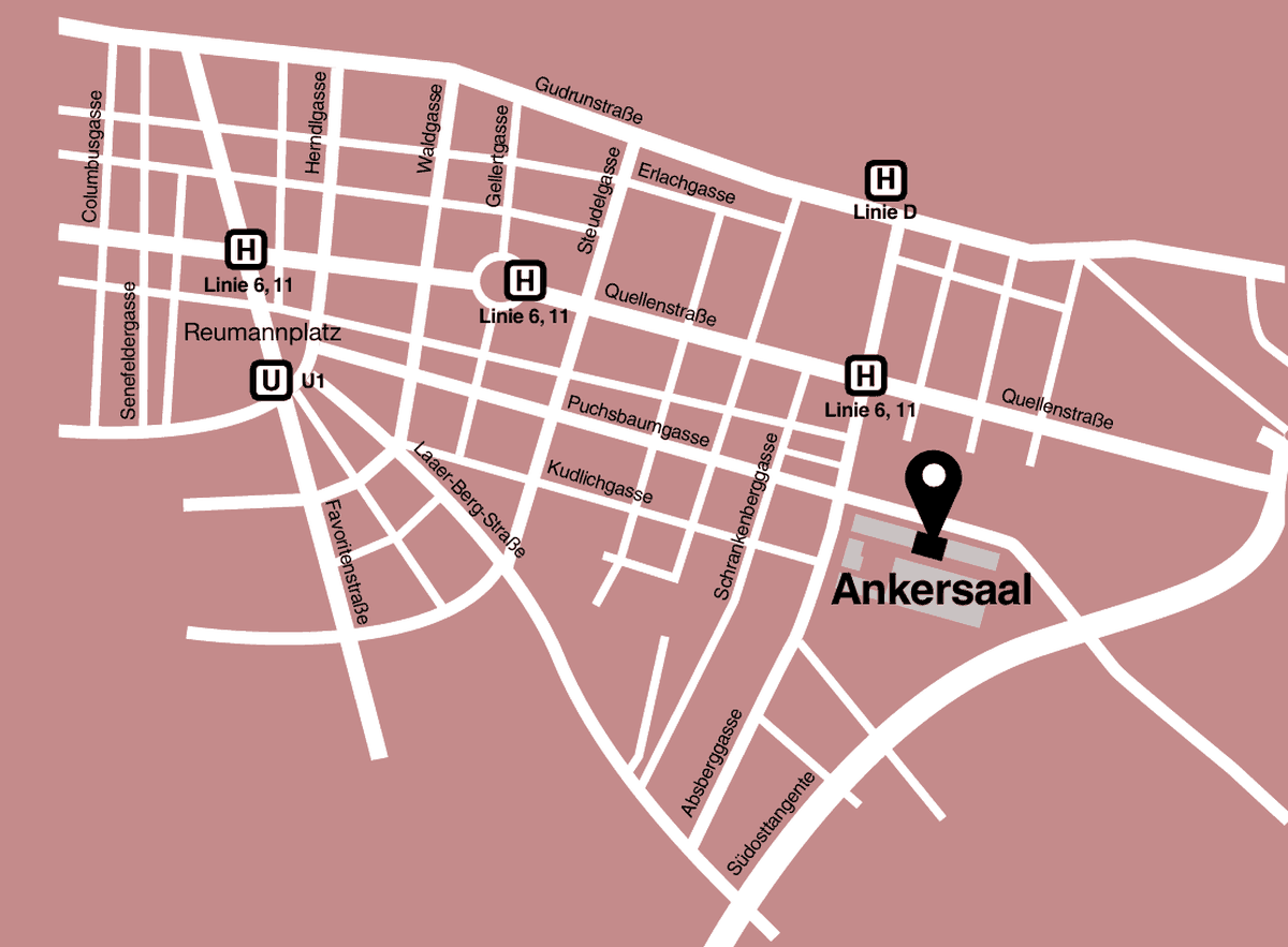 Straßenplan: Haltestellen Linie D, Linie 6 und 11, U1 Reumannplatz und der Weg zum Ankersaal