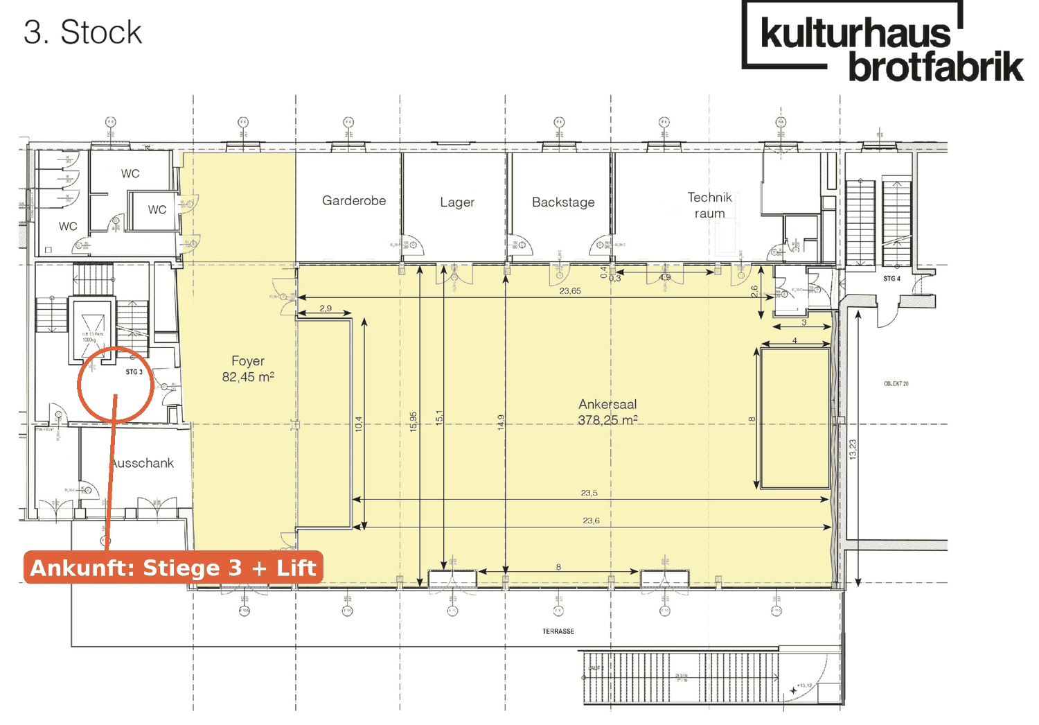 Grundriss 3. Stock: Stiege 3 mit Lift, Foyer, Ausschank, WC, Garderobe, Ankersaal, Terrasse
